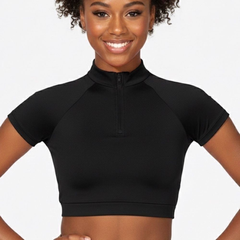 Theatricals Classwear black Zip Mock Neck Short Sleeve‎ Dance Crop Top